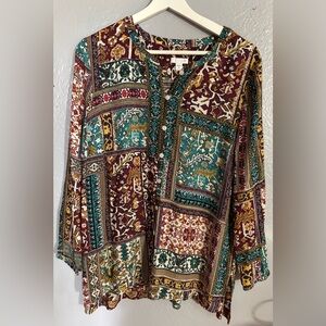 J. Jill Women Medium Long Sleeve Patchwork Eclectic Tunic Shirt Blouse‎ Top Boho